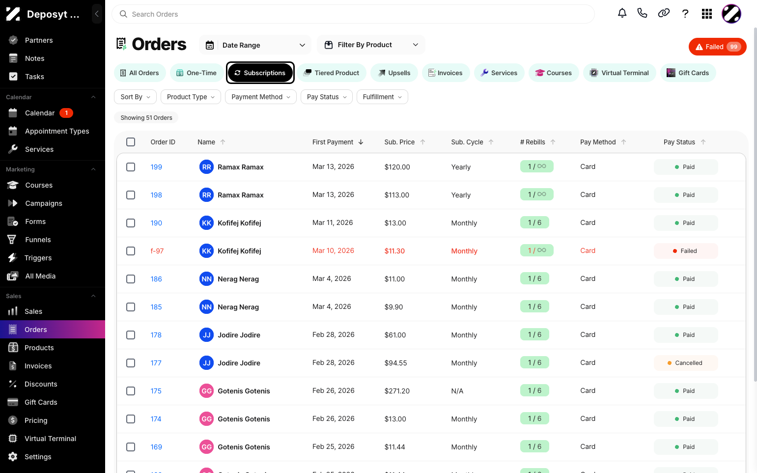 Step 3: By default, the All Orders tab is displayed. Click the Subscriptions button to view subscription orders. Here, you can see the Order ID, Customer Name, First Payment, Sub Price, Sub Cycle, Rebills , Payment Method, and Pay Status.