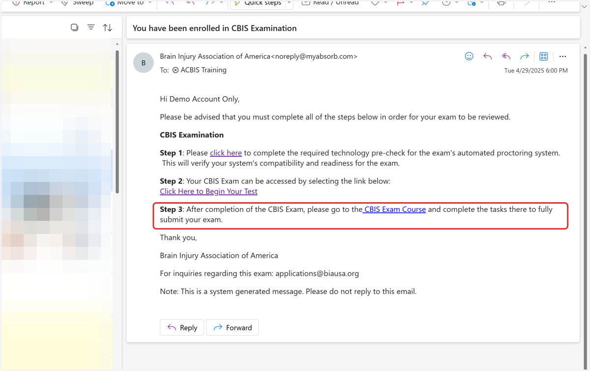 Return back to Email Message and complete Step 3 CBIS Exam Course (Submission)