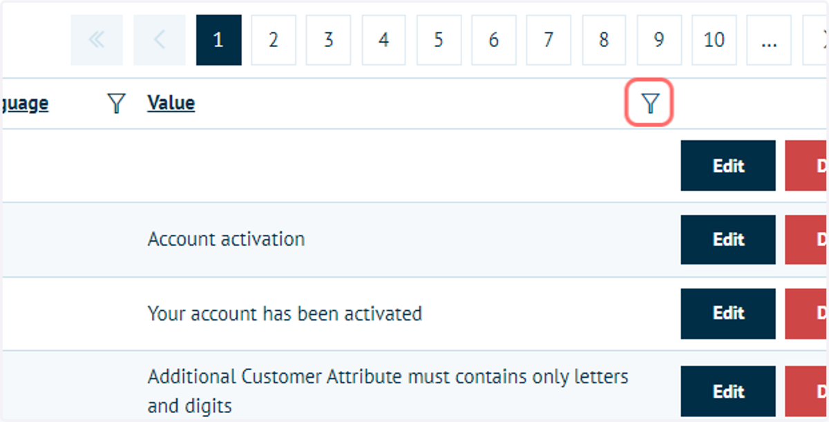 Use the filter funnel icon at the top of the Value column - the Value column is the easiest way to search for the wording / text that you'd like to change.