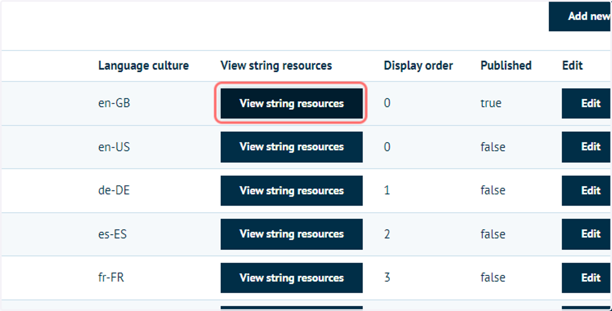 Click the View String Resources button on the published language string that you'd like to amend.
