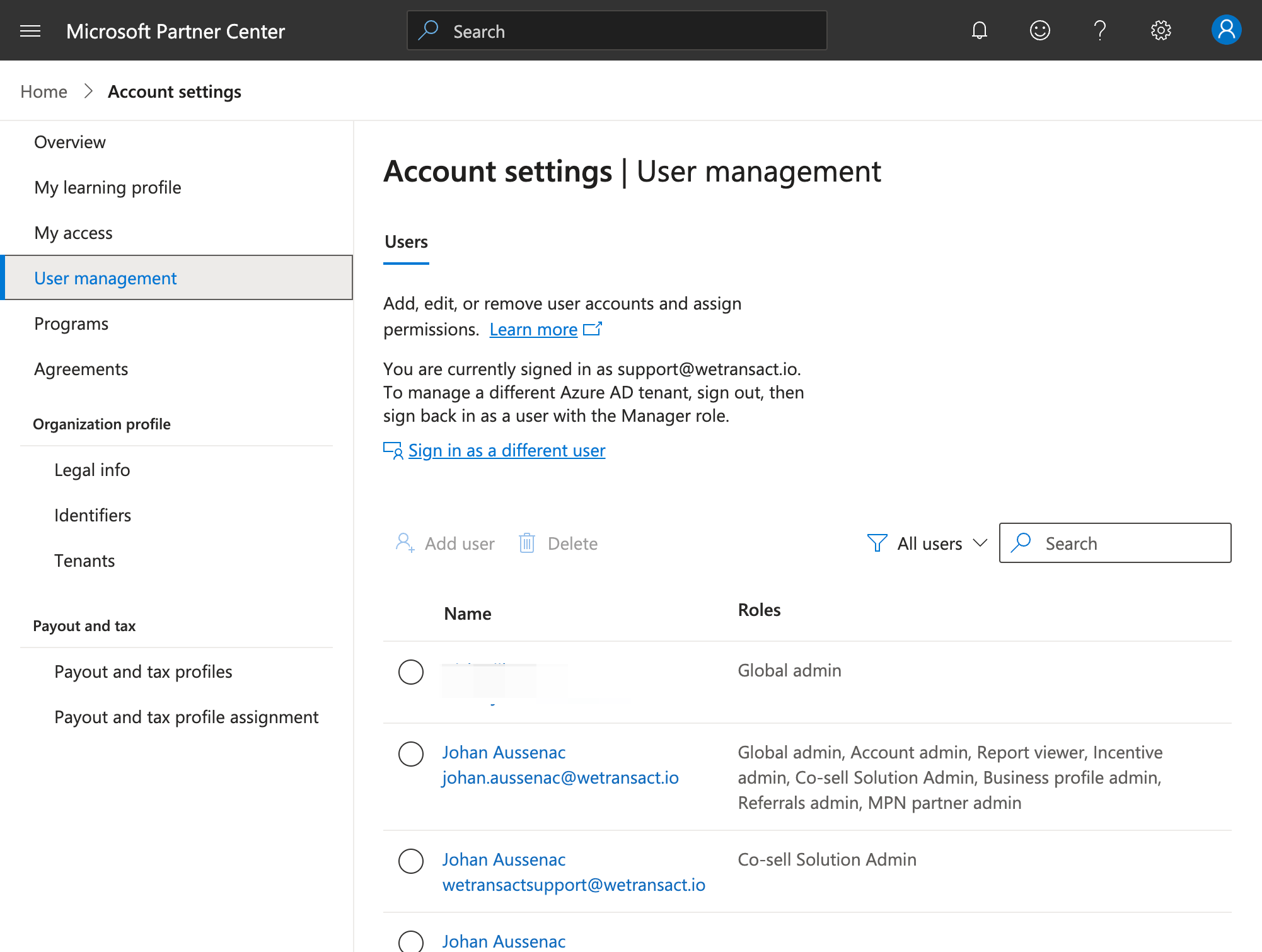 Find who is the Global Admin in "Name and Roles"