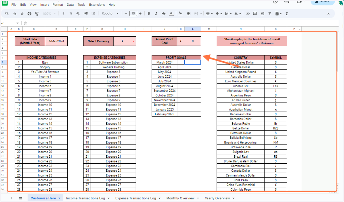 Under 'Profit Goals', add your target/profit goal for each month.