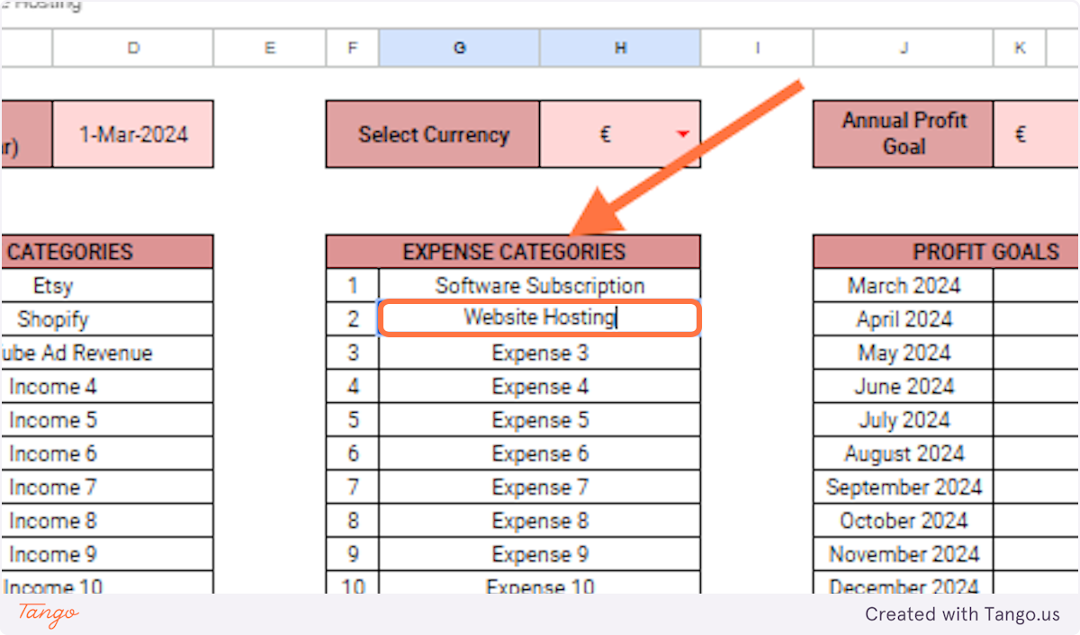 Under the 'Expense Categories', rename your different expenses.
I've added 'Software Subscription' and 'Website Hosting' as examples of expense categories.