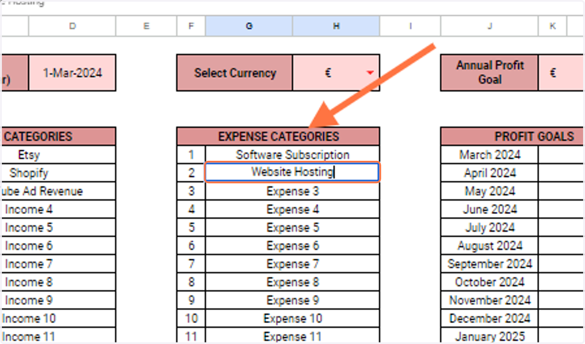 Under the 'Expense Categories', rename your different expenses. I've added 'Software Subscription' and 'Website Hosting' as examples of expense categories.