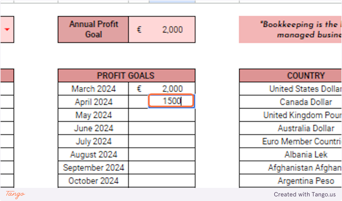 I'm adding 1500 as a profit goal for April 2024.