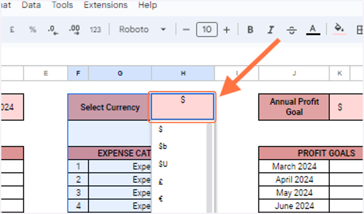 Select the drop-down menu next to 'Currency' to select your currency.