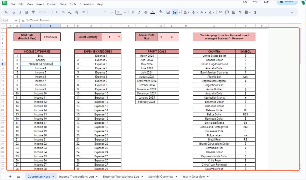 I've added 'Etsy', 'Shopify' and 'YouTube Ad Revenue' as examples of income categories.