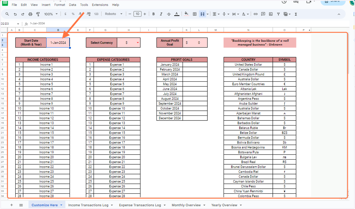 Double click the date. A mini calendar will pop up. Select the date of the financial year.