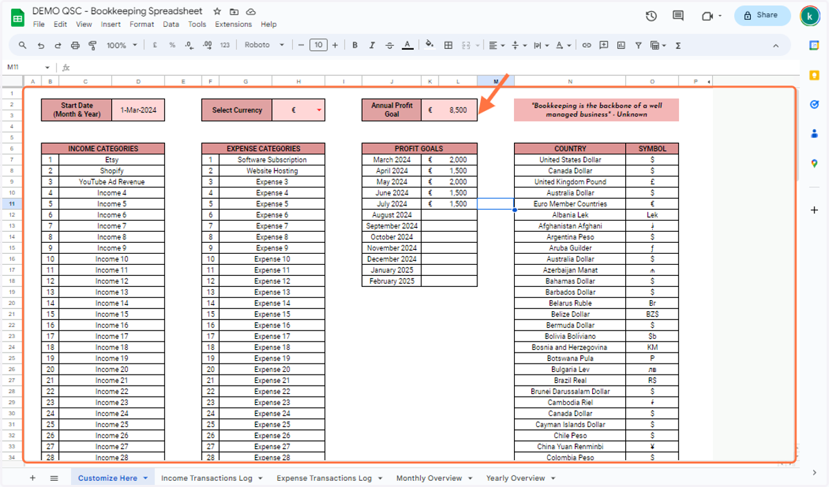 I've added profit goals for May, June and July 2024. You will see that the total at the top 'Annual Profit Goal' is the sum of the profit goals for March, April, May, June and July 2024.