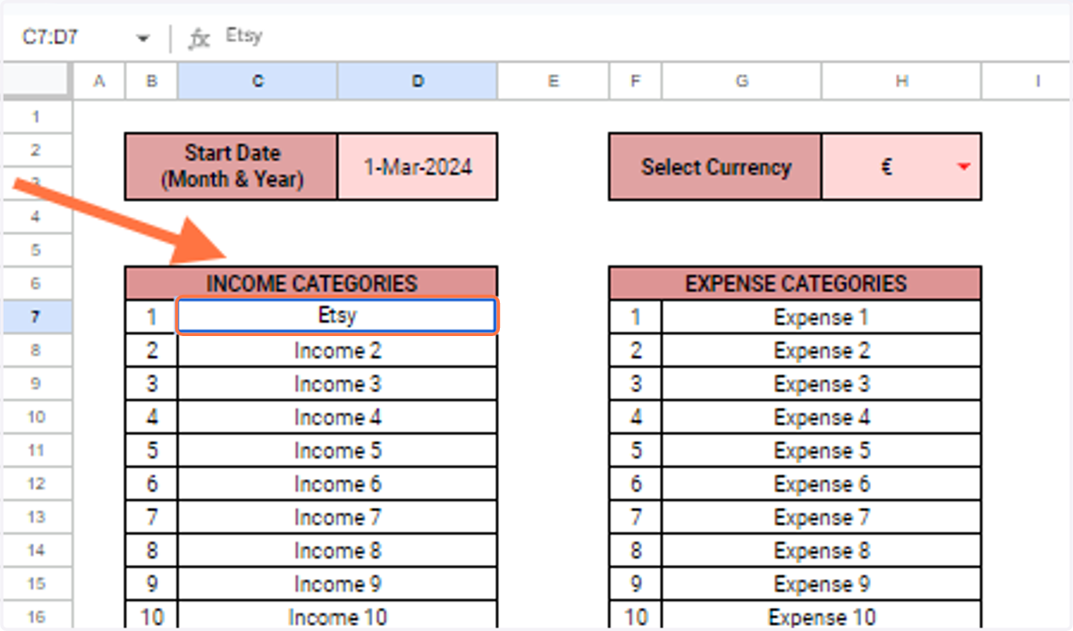 Under the 'Income Categories', rename your different sources of income.