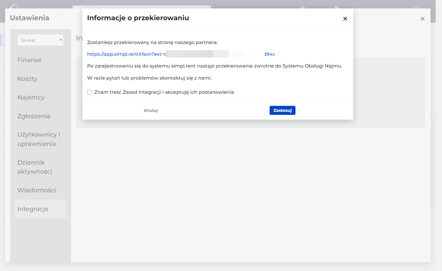 Po zaakceptowaniu zasad zostaniesz przekierowany na stronę Simpl.rent aby dokończyć integrację kont