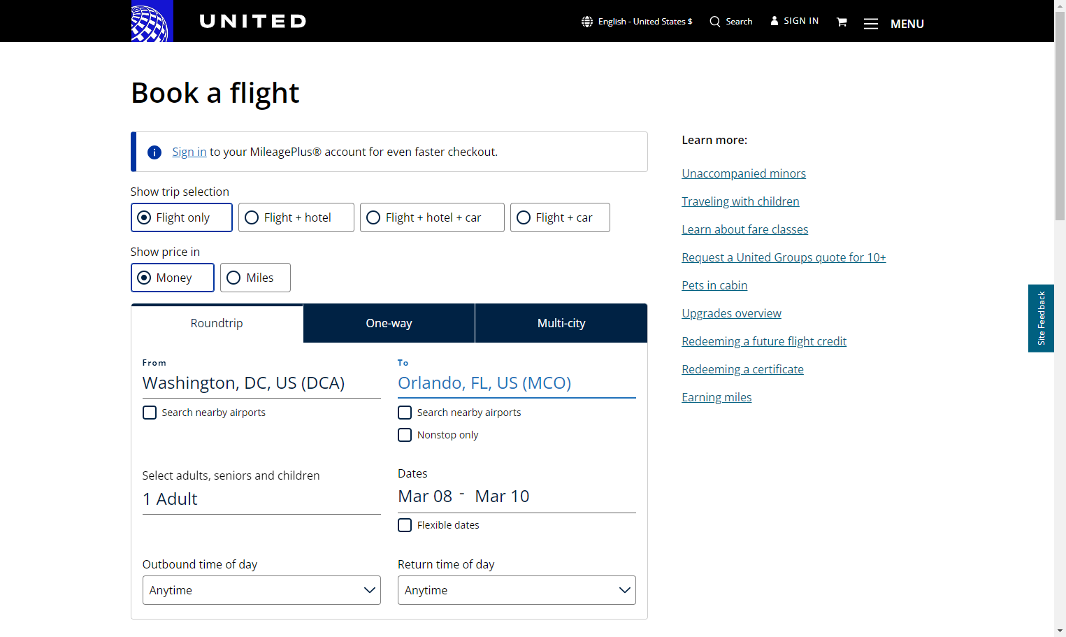 Fill in your departure and arrival airports. Ensure the destination is an airport supported by the conference's discount code. Find exact airport options in your conference registration instructions.