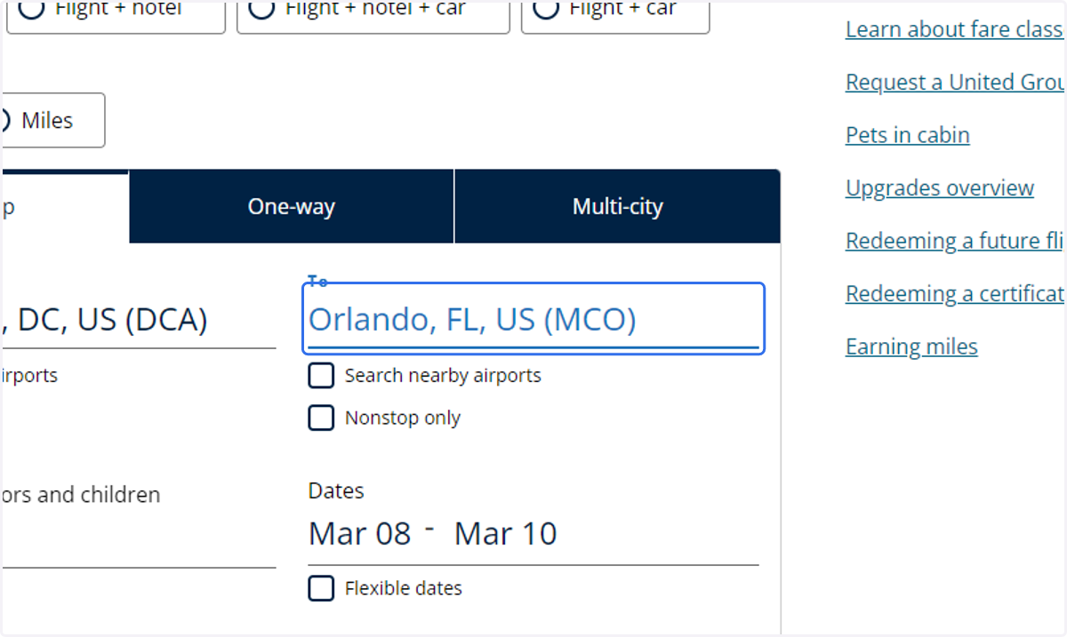 Fill in your departure and arrival airports. Ensure the destination is an airport supported by the conference's discount code. Find exact airport options in your conference registration instructions.