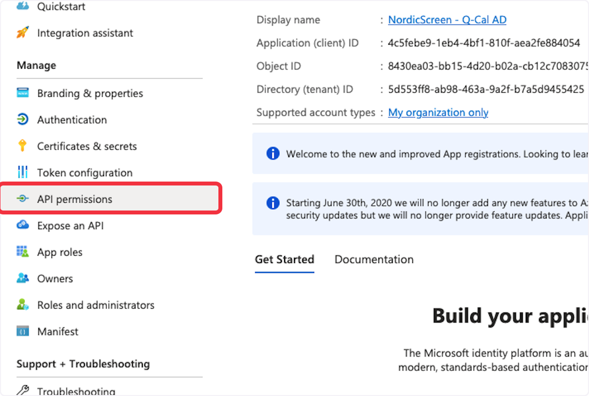 API permissions section in Microsoft Azure App registration menu.