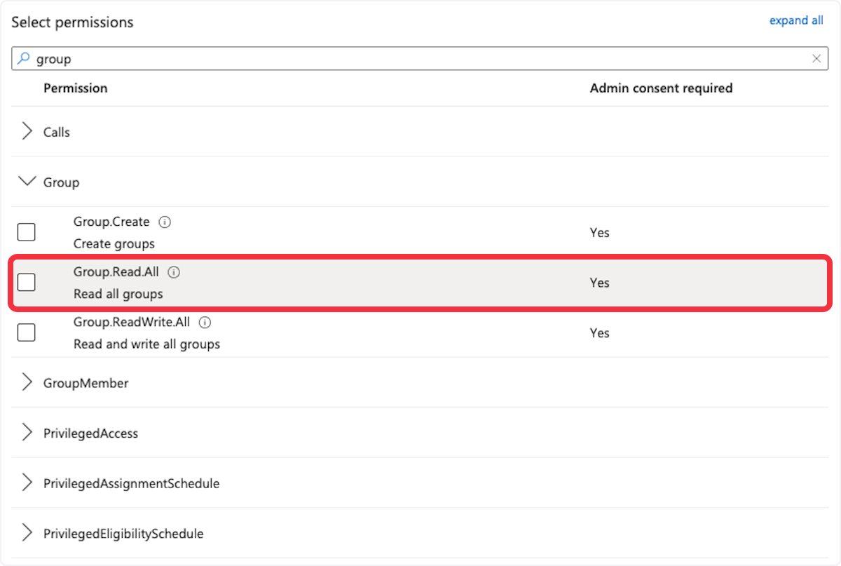 Microsoft Azure API permissions for 'Group' with 'Group.Read.All' option to read all group data selected and marked as requiring admin consent.