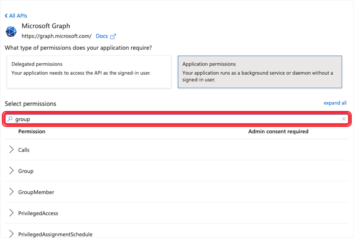 Microsoft Azure interface showing API permissions for Microsoft Graph with options for Group, GroupMember, and other permissions, indicating admin consent is required