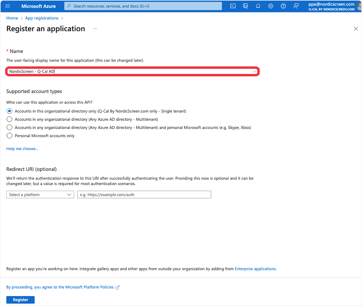 Microsoft Azure application registration form with 'Name' field filled as 'NordicScreen - Q-Cal AD' for a new application setup.