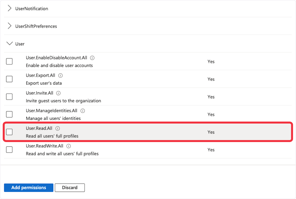 Microsoft Graph API permissions interface showing 'User.Read.All' permission selected to read all users' full profiles.