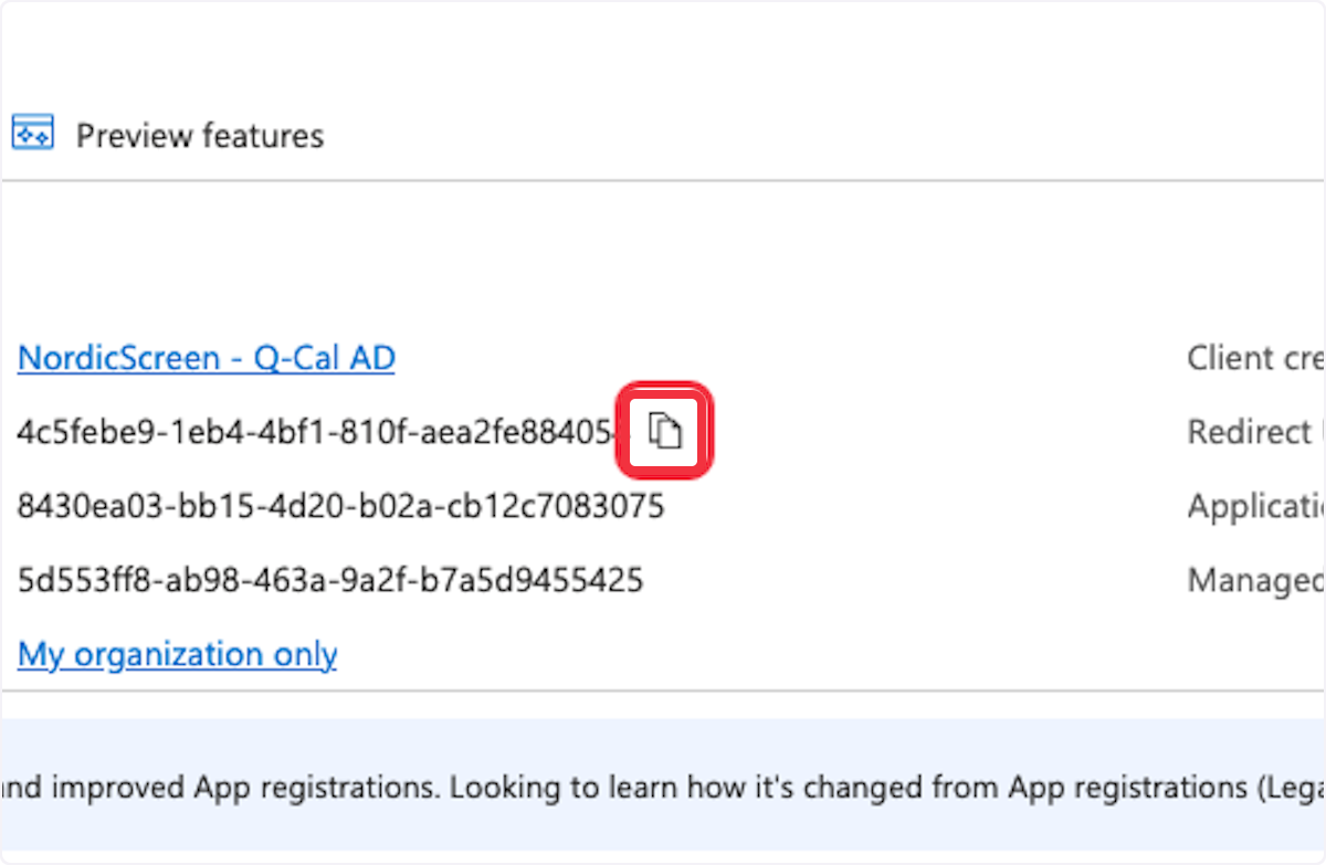 Application ID and directory (tenant) ID details displayed for NordicScreen - Q-Cal AD in Microsoft Azure, with a clipboard icon indicating the option to copy these IDs.
