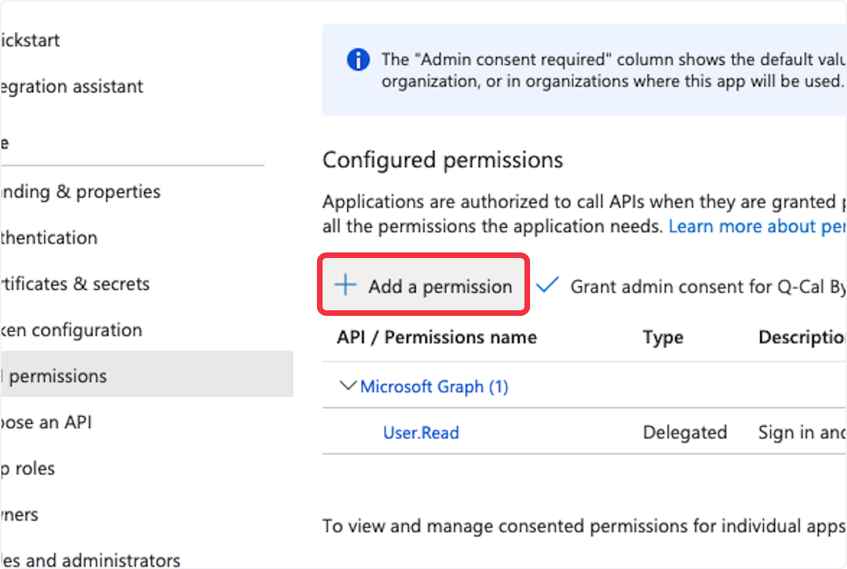 Add a permission button in the API permissions section of Azure App Registration.