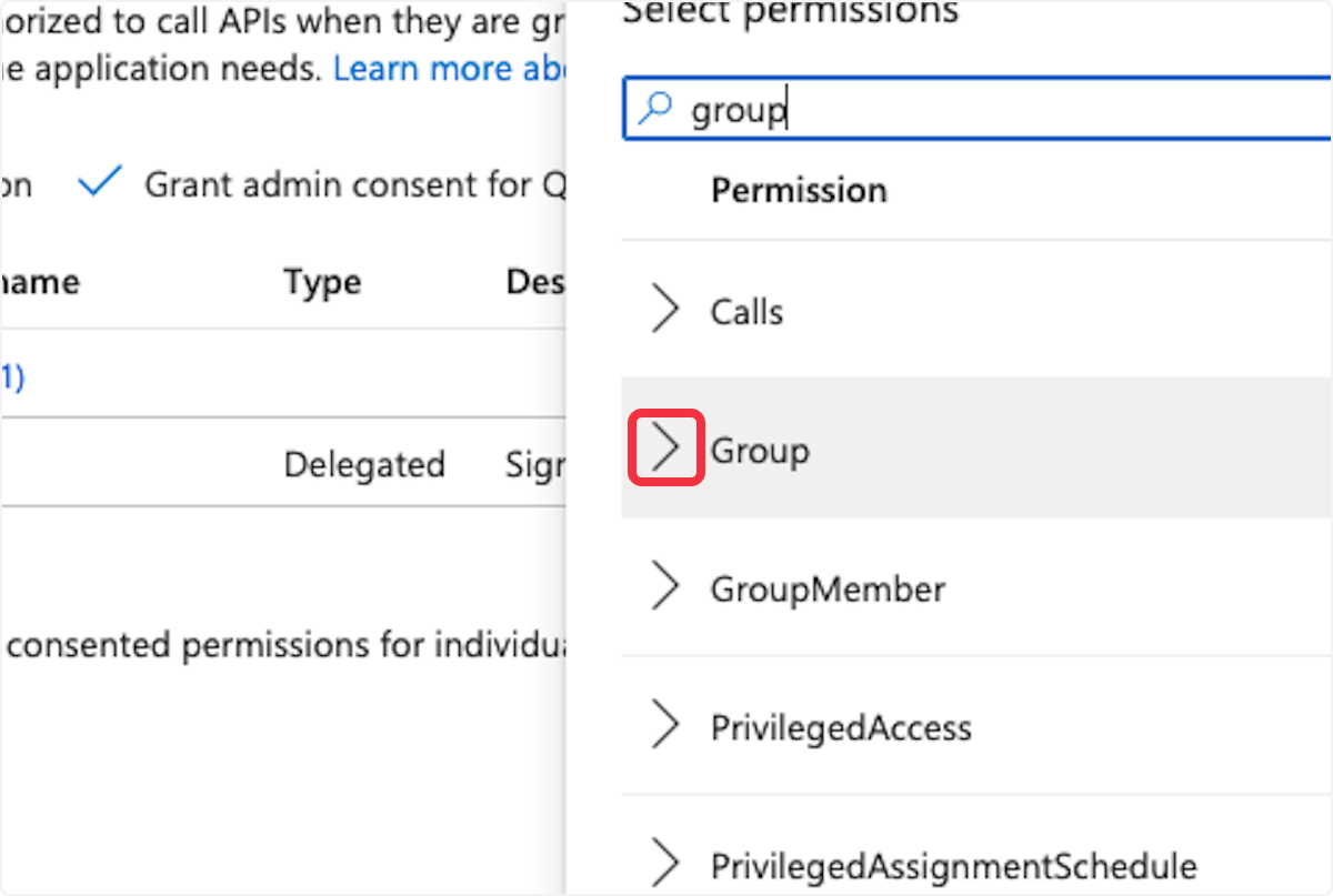 Microsoft Azure permissions selection window with 'Group' highlighted as a potential permission to add for an application's API access.