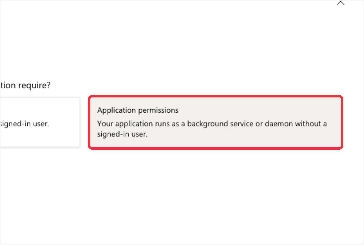 Option for Application permissions selected indicating the app runs as a background service without a signed-in user.