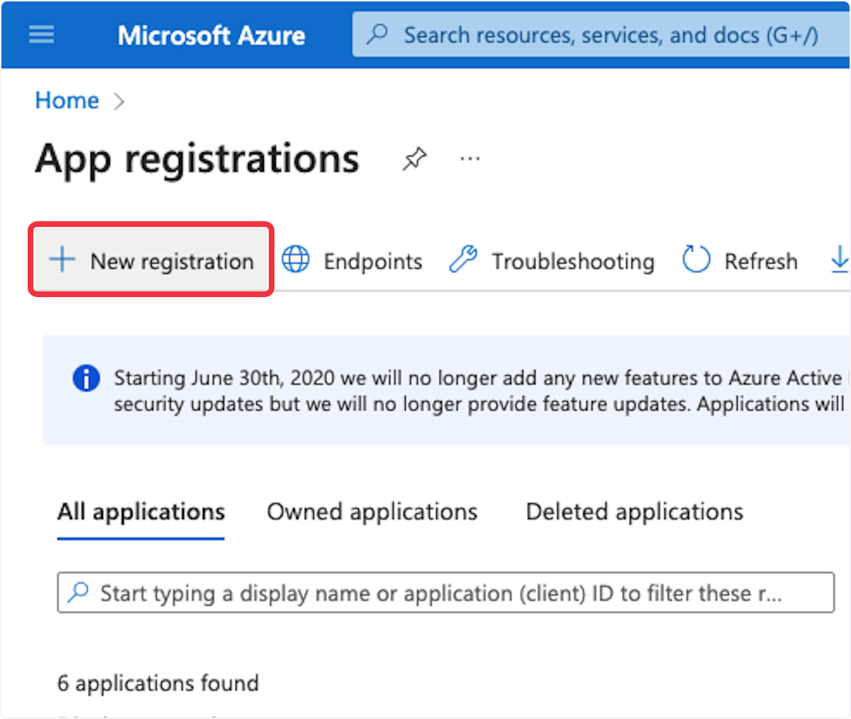 Microsoft Azure 'App registrations' page with an option for 'New registration' highlighted for adding a new application.