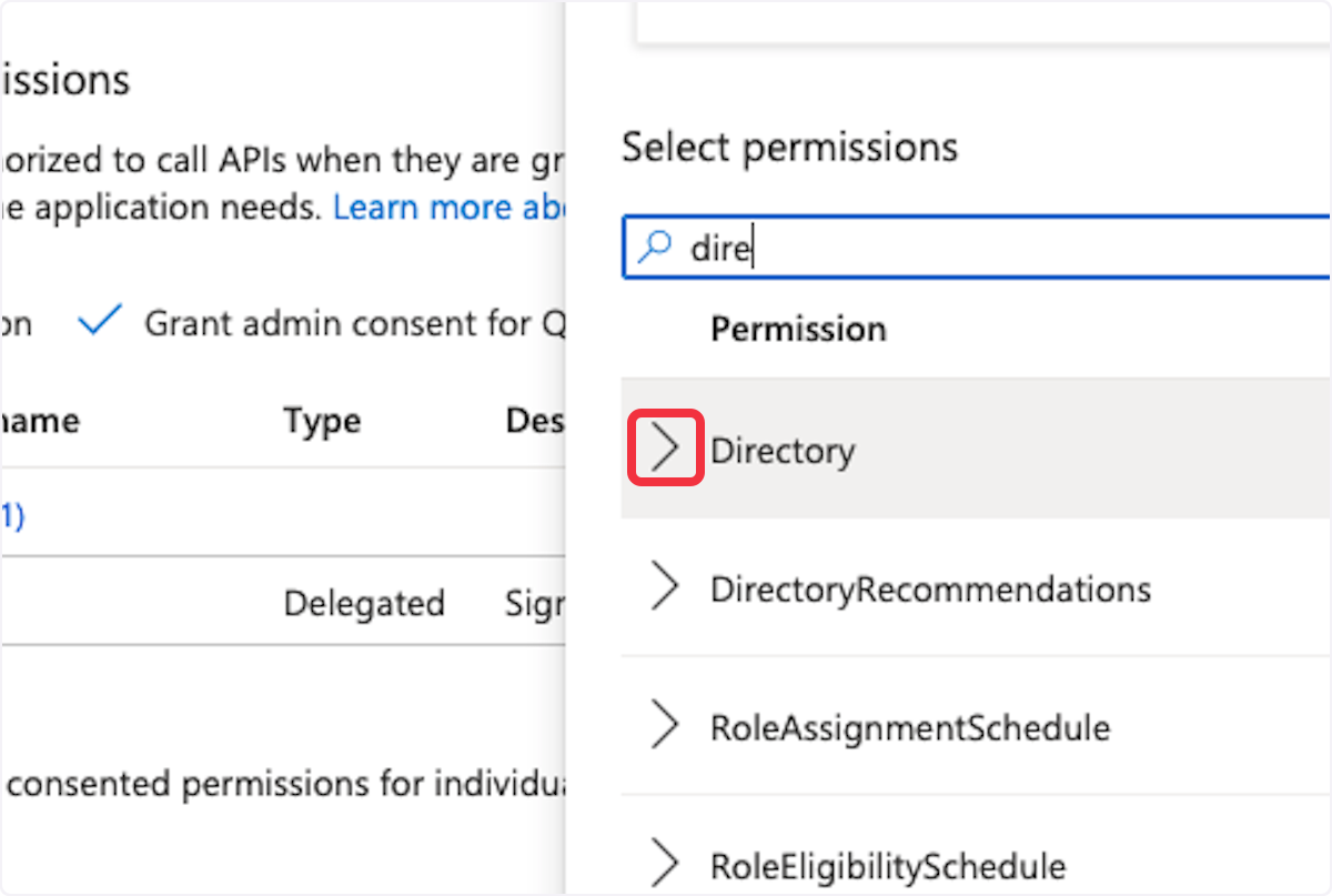 Microsoft Azure app registration process highlighting the selection of 'Directory' permission within the API permissions setup.