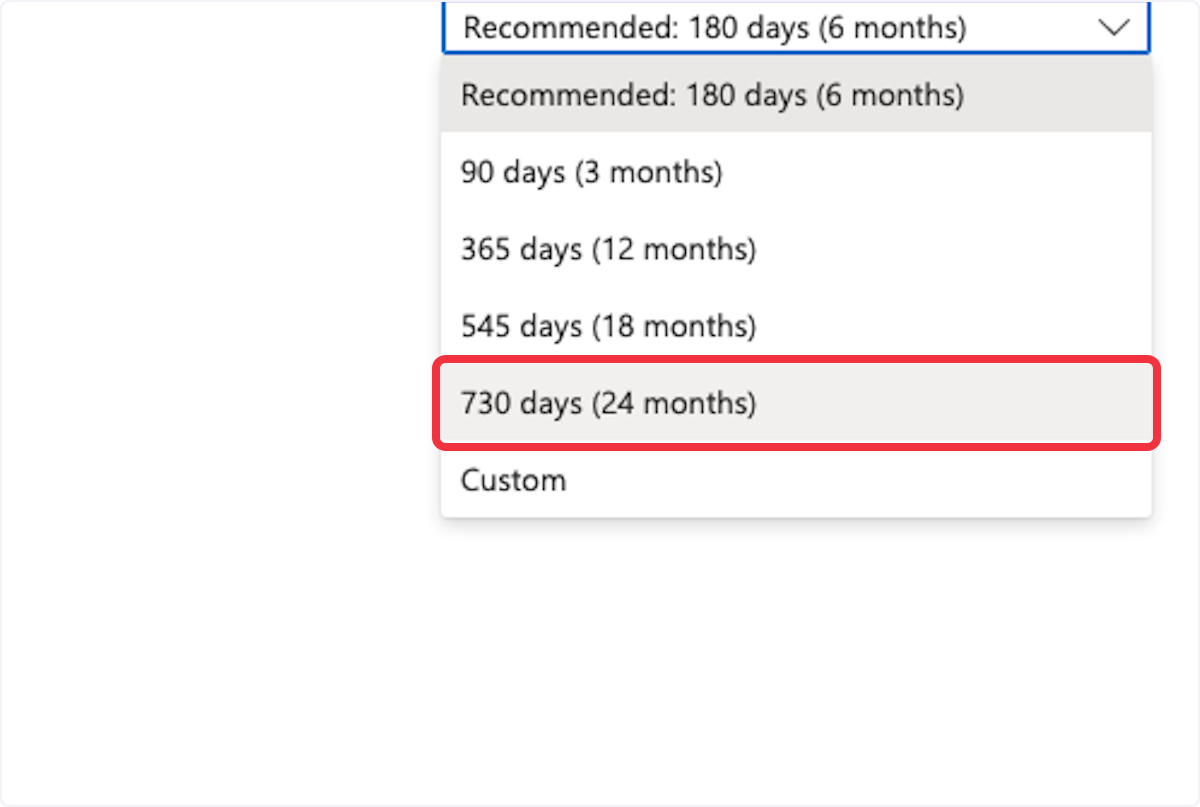 Dropdown menu selection for a client secret expiration term of 730 days (24 months) in Microsoft Azure settings.