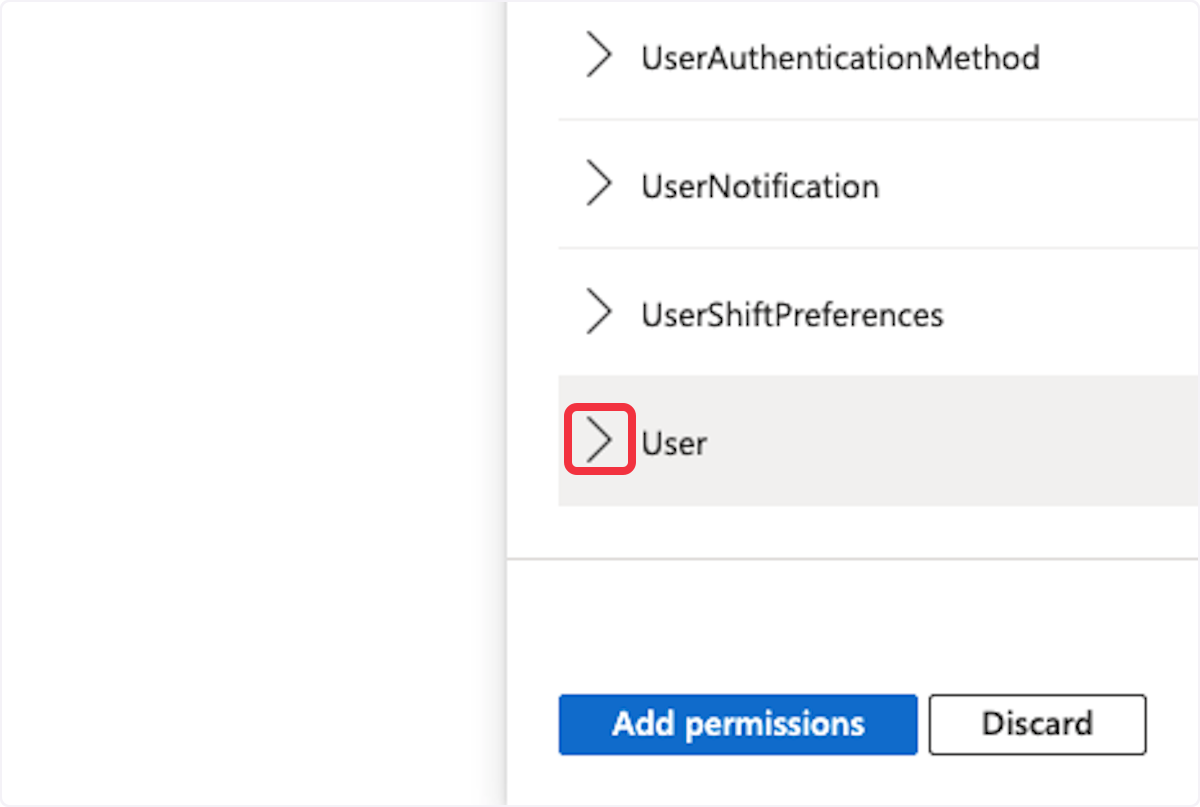 Screenshot of Microsoft Graph API permissions selection with 'User' permission highlighted for addition.
