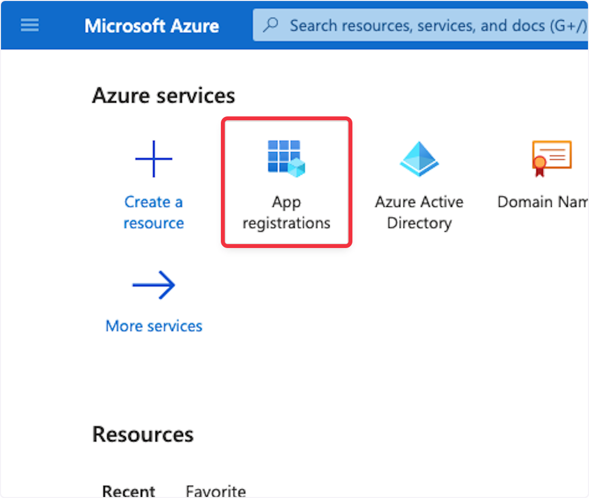 Microsoft Azure dashboard highlighting the 'App registrations' option for setting up new applications.