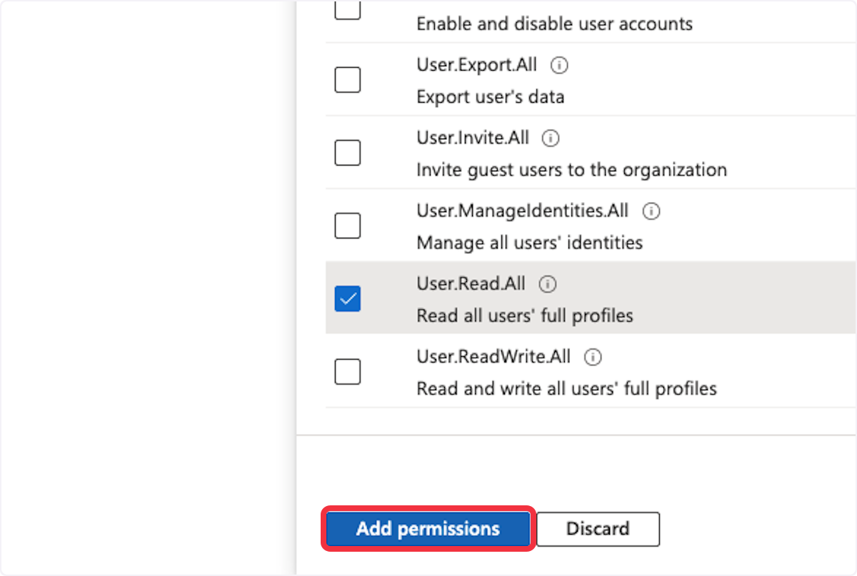 Microsoft Azure permissions selection for 'User.Read.All' with 'Add permissions' button highlighted.