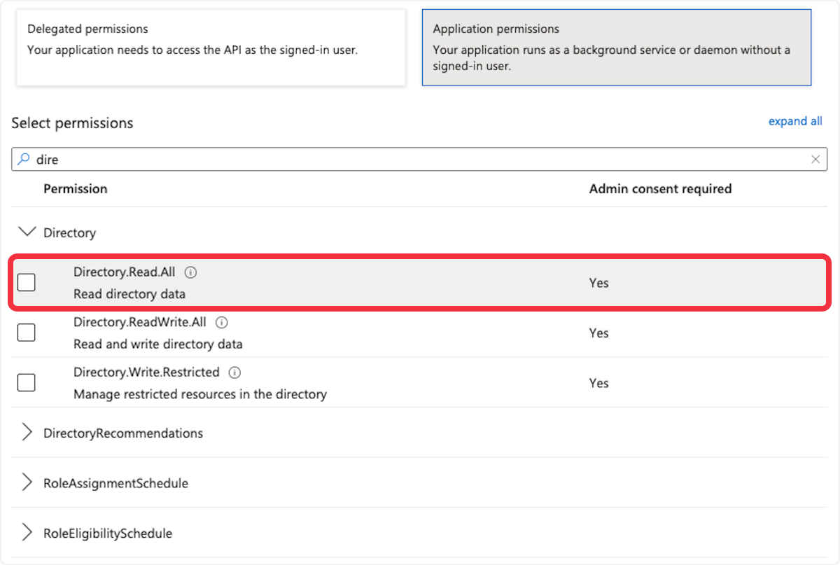 Microsoft Azure API permissions selection interface showing 'Directory.Read.All' permission with admin consent required.