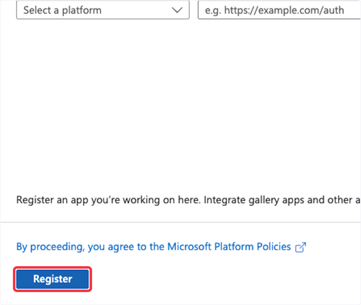 Register button and policy agreement on Microsoft Azure app registration page.