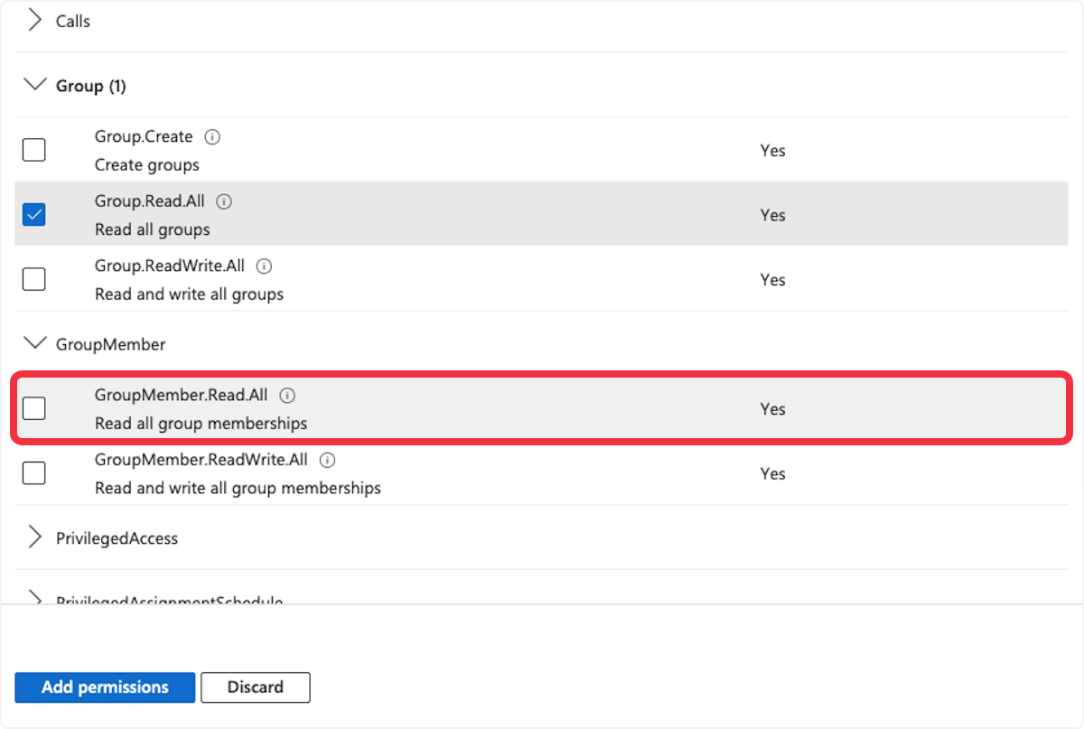 Checkbox selected for Microsoft Graph permission 'GroupMember.Read.All' to read all group memberships, with admin consent confirmed as 'Yes'.