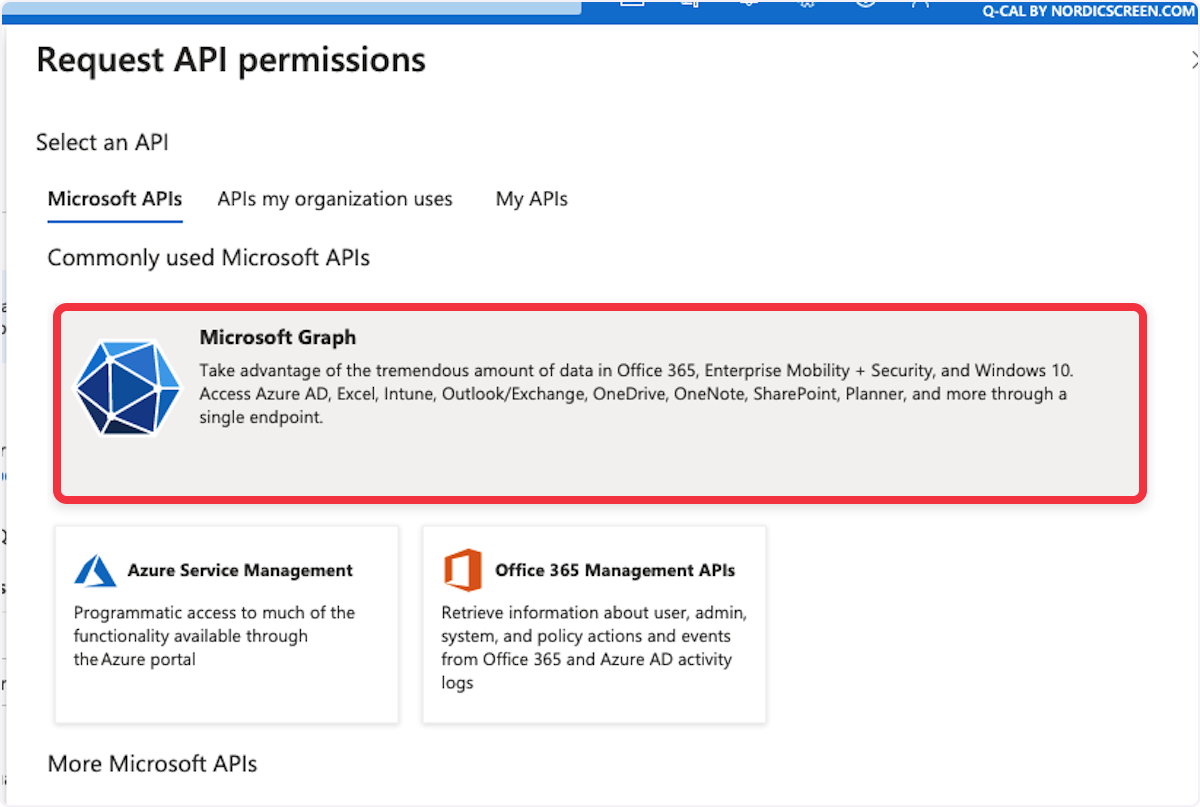 Microsoft Graph API option selected for requesting permissions in Microsoft Azure.