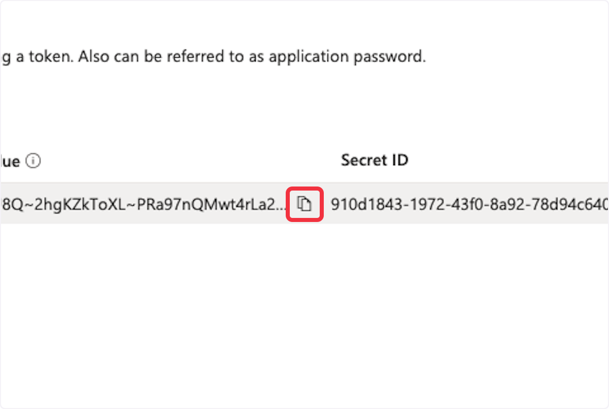 Client secret details blurred out for security, with a visible 'Copy to clipboard' icon next to the secret ID for user convenience.