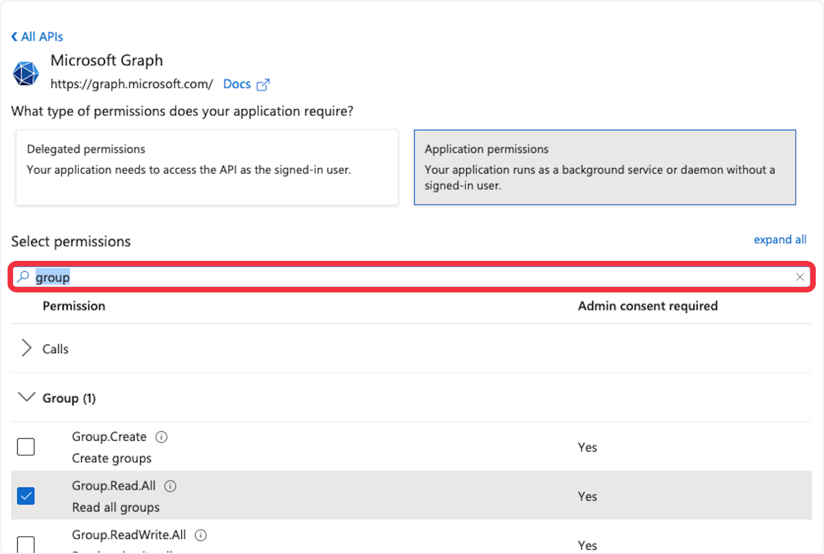 API permission request in Microsoft Graph for 'Group.Read.All' to read all group data, with admin consent required highlighted.