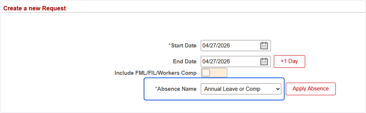 Select Annual Leave or Comp as the Absence Name
