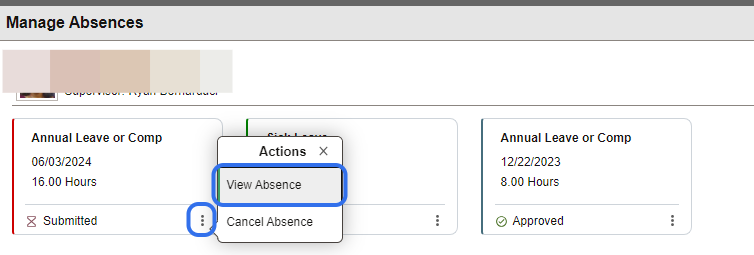 To view the leave request, users can click on the View Absence option from the options menu (3 vertical dots)