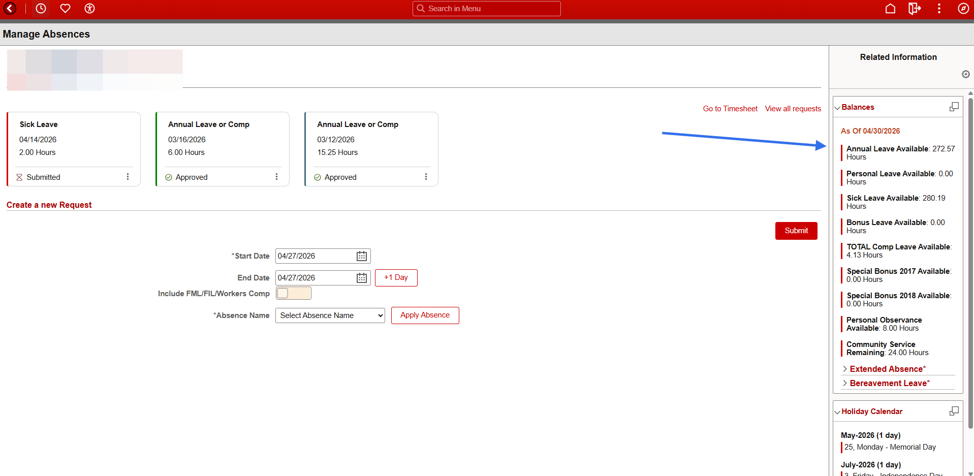 Review your Annual Leave balances from the "Balances" section on the right of the page.