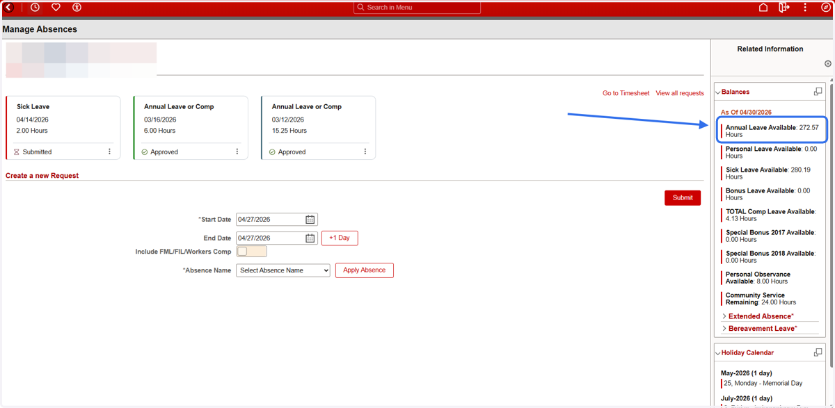 Review your Annual Leave balances from the "Balances" section on the right of the page.