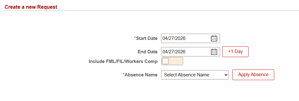 Navigate to the section labeled "Create a New Request" to create a new annual absence request. Use the calendar widget and select the "Start Date" of the request