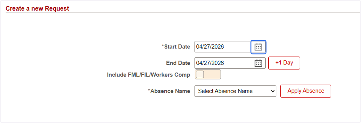 Navigate to the section labeled "Create a New Request" to create a new annual absence request. Use the calendar widget and select the "Start Date" of the request