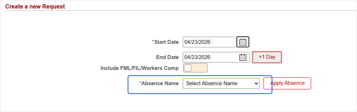 Click on the Absence Name dropdown to select the type of absence request