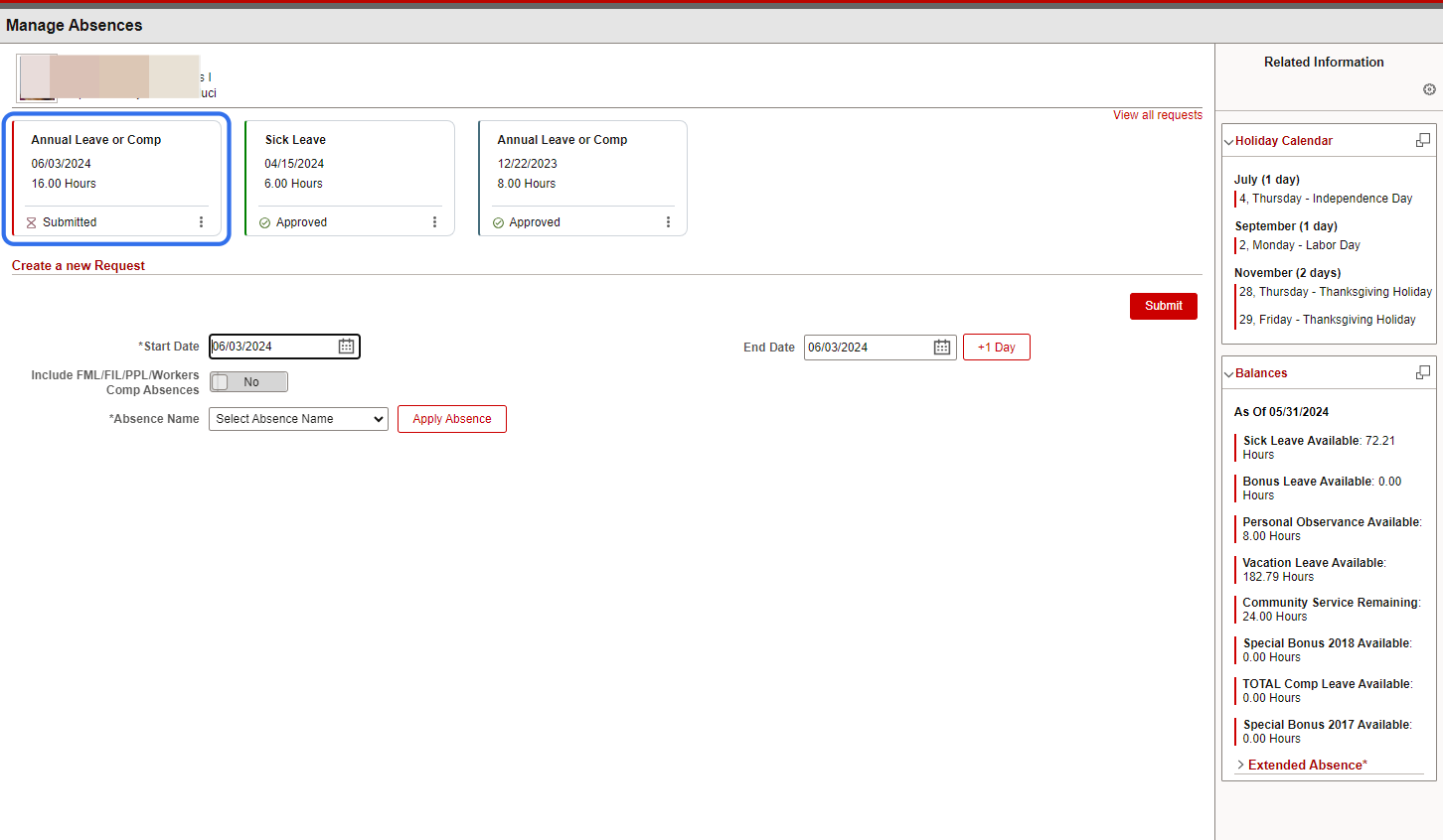 Once the leave request is submitted, users will be navigated to the Manage Absences page.