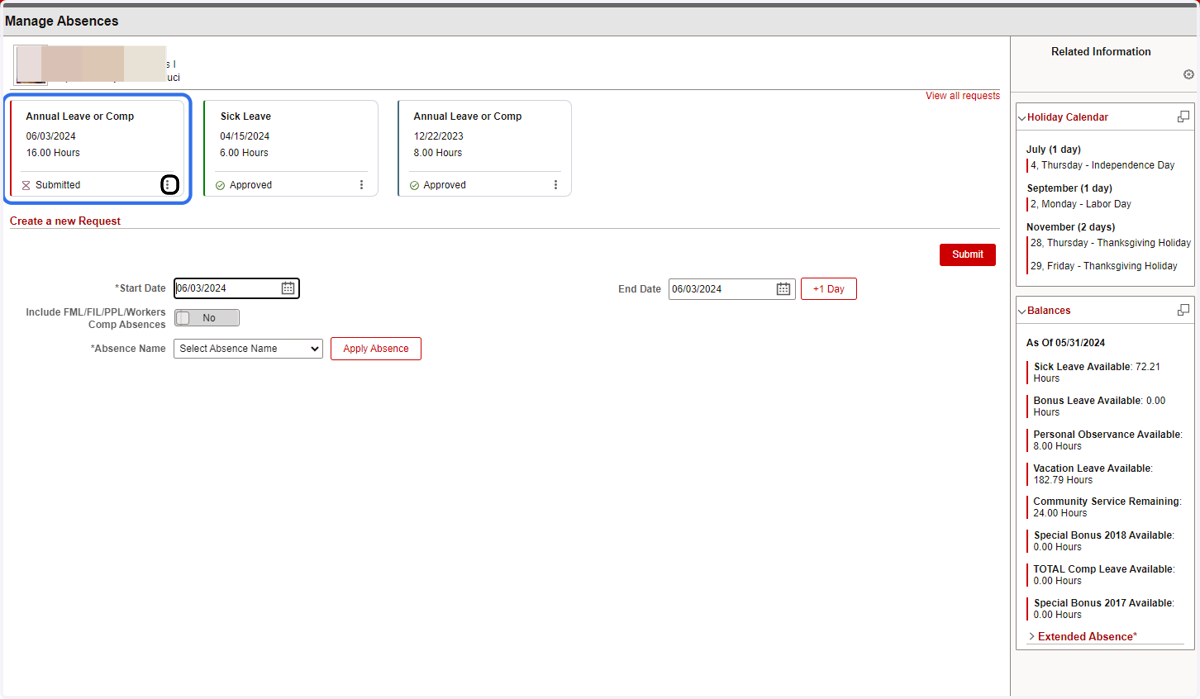 Once the leave request is submitted, users will be navigated to the Manage Absences page.