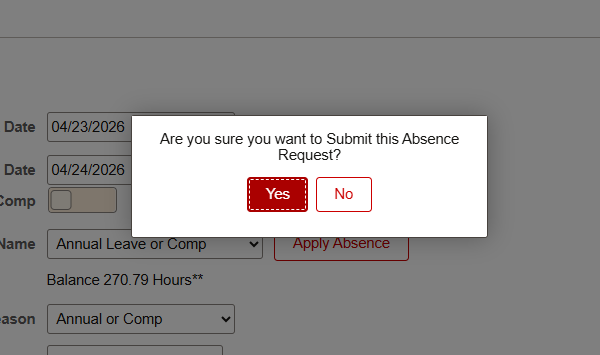 Select Yes in the pop-up confirmation box to submit the leave request.