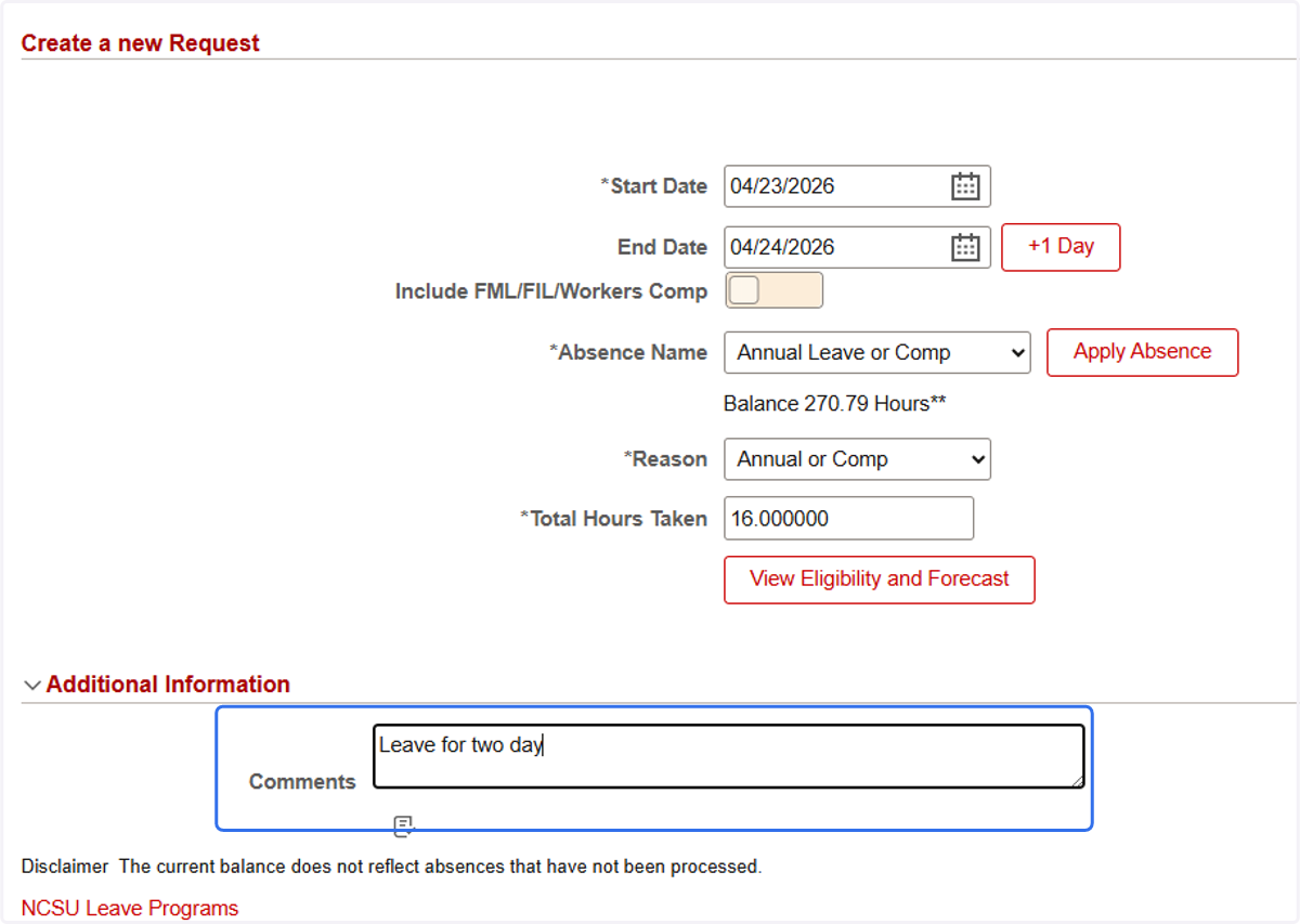 Provide comments for your supervisor in the Comments text box.