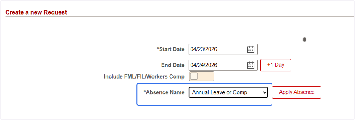 Select Annual Leave or Comp as the Absence Name